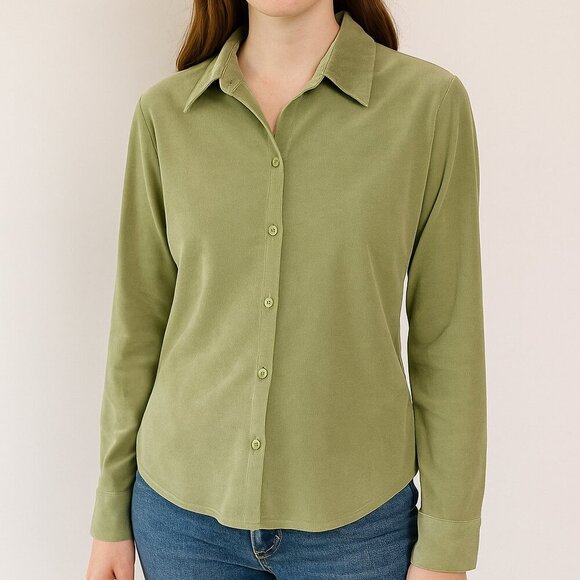 Joanna Sage Green Stretch Button Down Shirt | Soft Knit Collared Long Sleeve Top - Picture 1 of 10